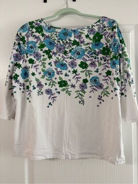 Talbots Women’s White Floral Boatneck Top with Blue & Green Print
